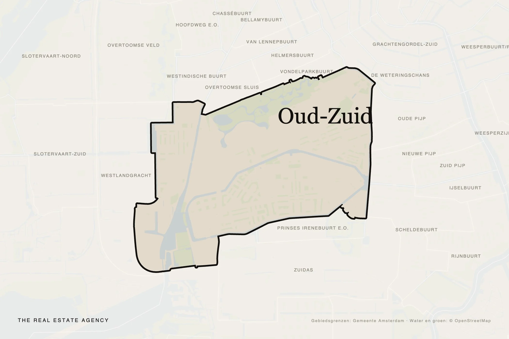 Kaart van Oud-Zuid in Amsterdam met de buurtgrenzen afgebakend